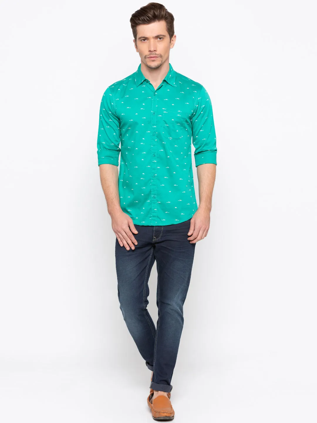 Spykar Men Turquoise Printed Slim Fit Casual Shirt