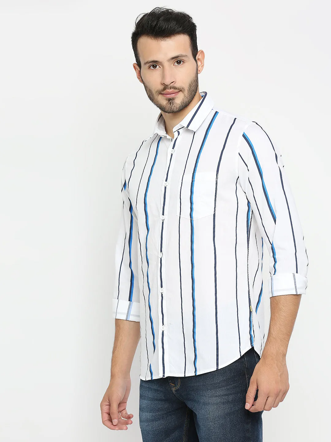 Spykar Men White Cotton Full Sleeve Striped Shirt