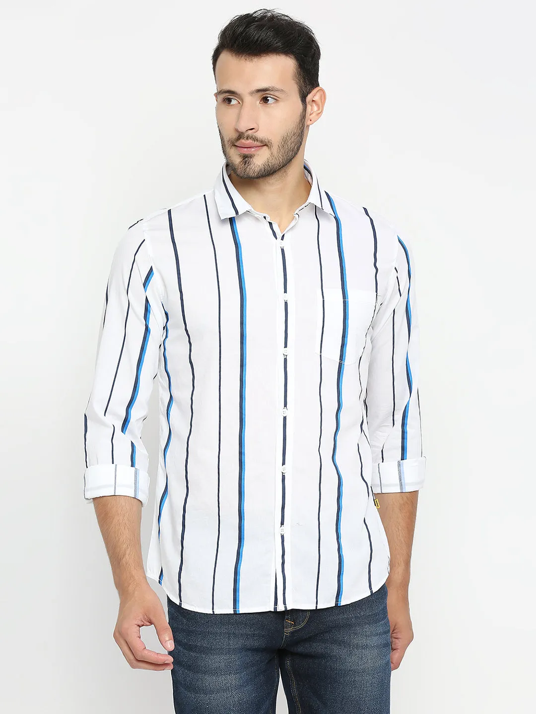 Spykar Men White Cotton Full Sleeve Striped Shirt