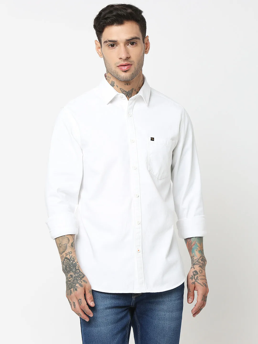 Spykar Men White Cotton Slim Fit Plain Shirts