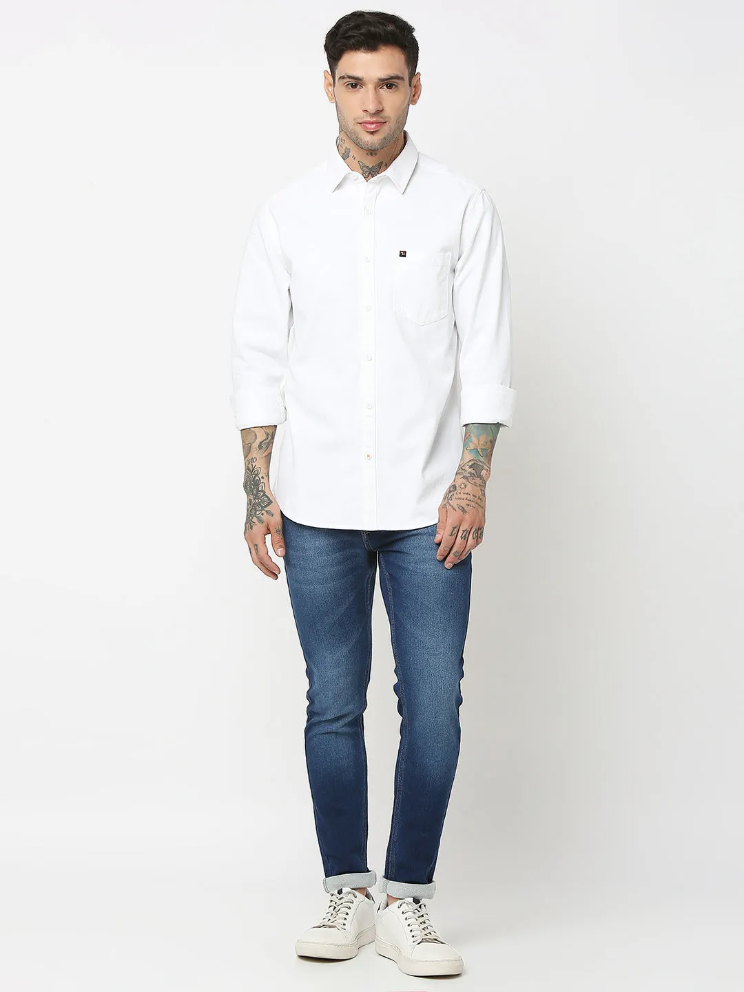 Spykar Men White Cotton Slim Fit Plain Shirts