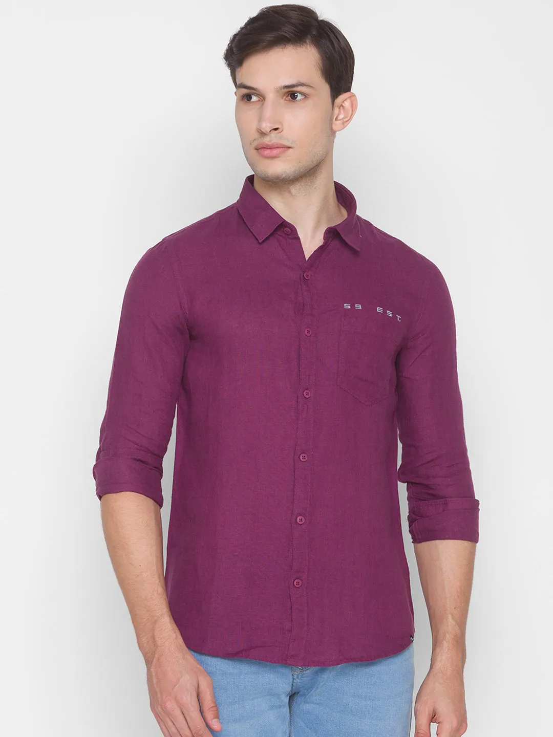 Spykar Slim Fit Purple Cotton Men Shirt