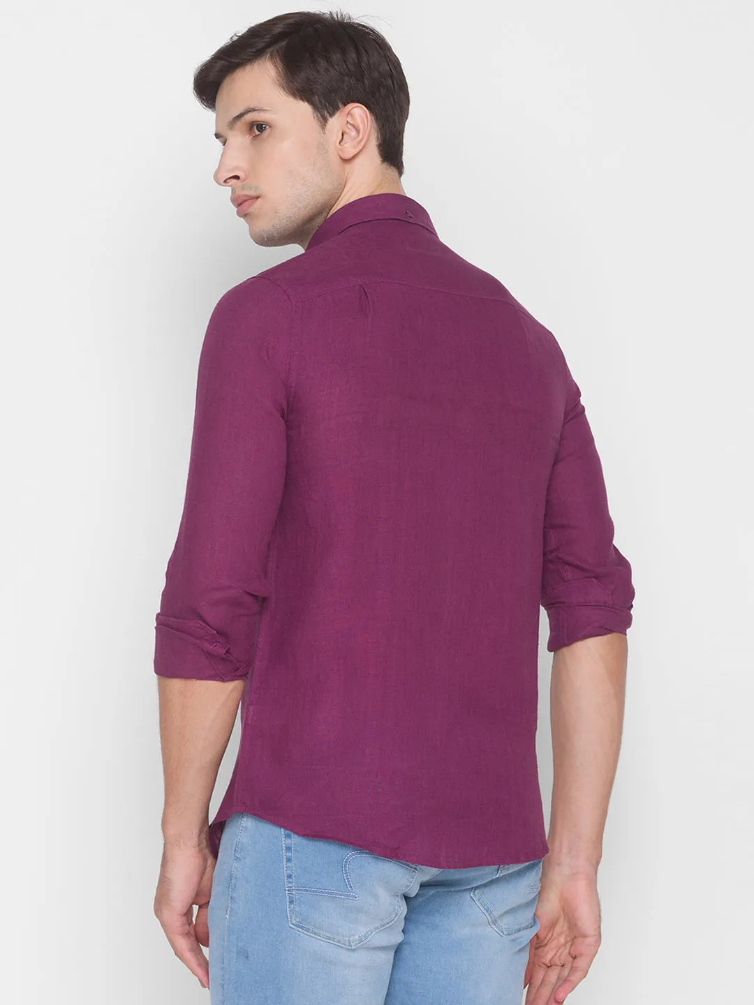 Spykar Slim Fit Purple Cotton Men Shirt