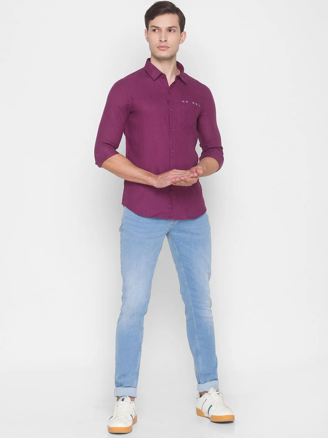 Spykar Slim Fit Purple Cotton Men Shirt