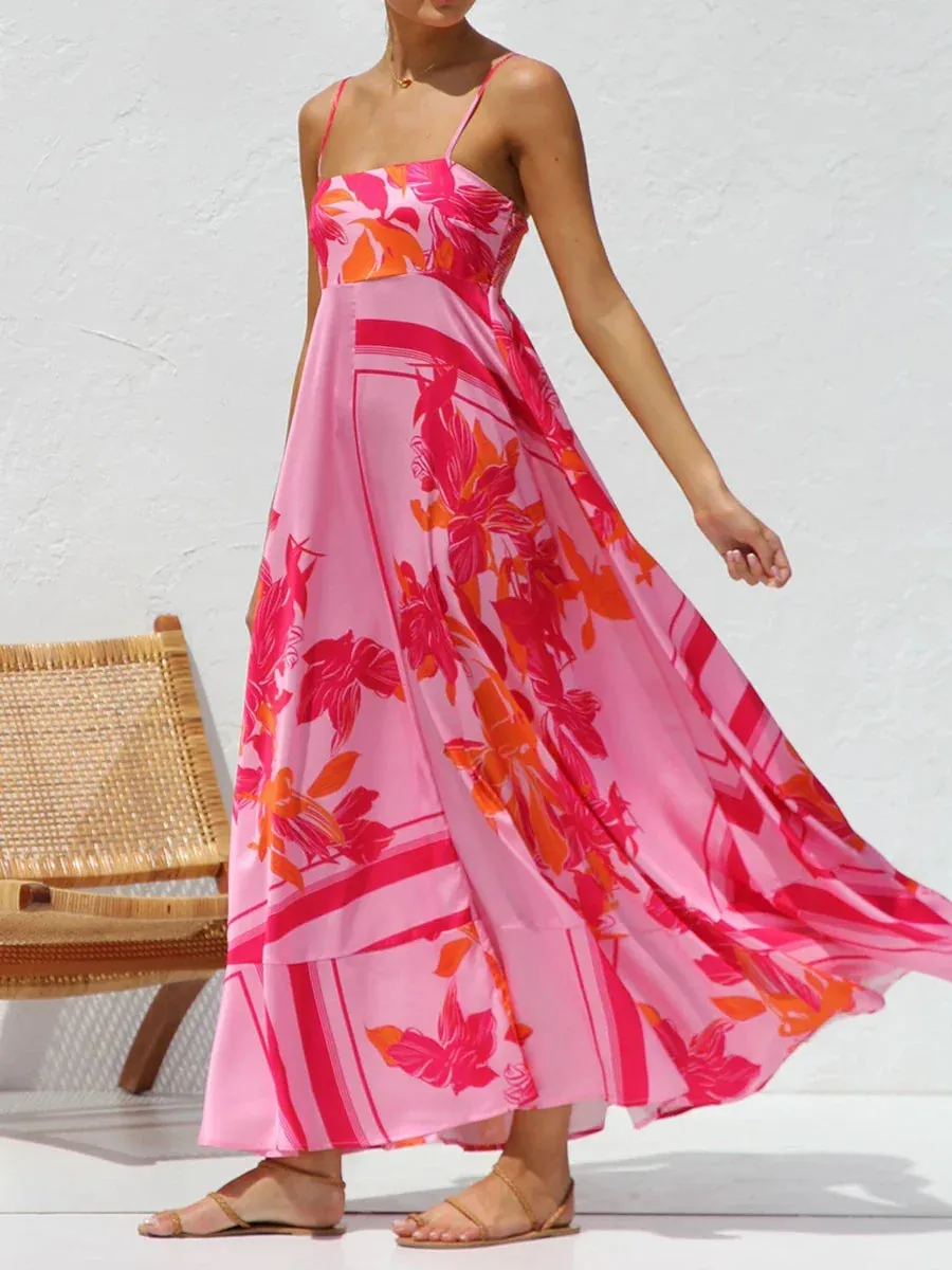 Straps Sun Flower Print Swing Summer Elegant Long Dress Fashion 2024 Casual Spaghetti Dress