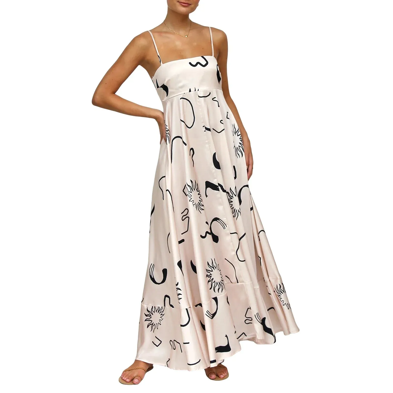 Straps Sun Flower Print Swing Summer Elegant Long Dress Fashion 2024 Casual Spaghetti Dress