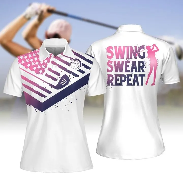 Swing Swear Repeat Pink Gradient Women Golf Apparels, Women Short Sleeve Polo Shirt, Sleeveless Polo Shirt,