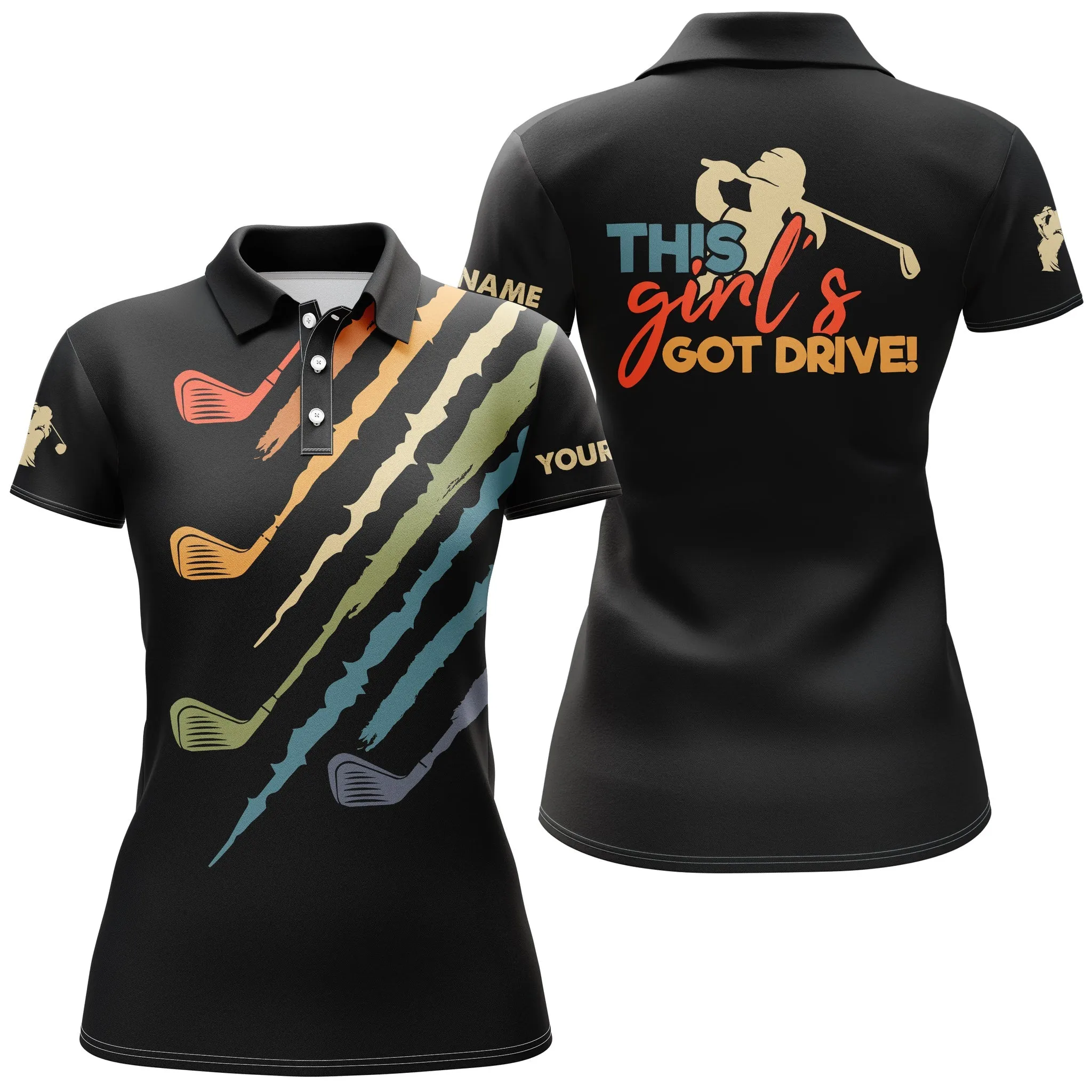 This Girl's Got Drive Vintage Black Women's Golf Polo Shirts Custom Name Golfing Gift, Gift For Golfer