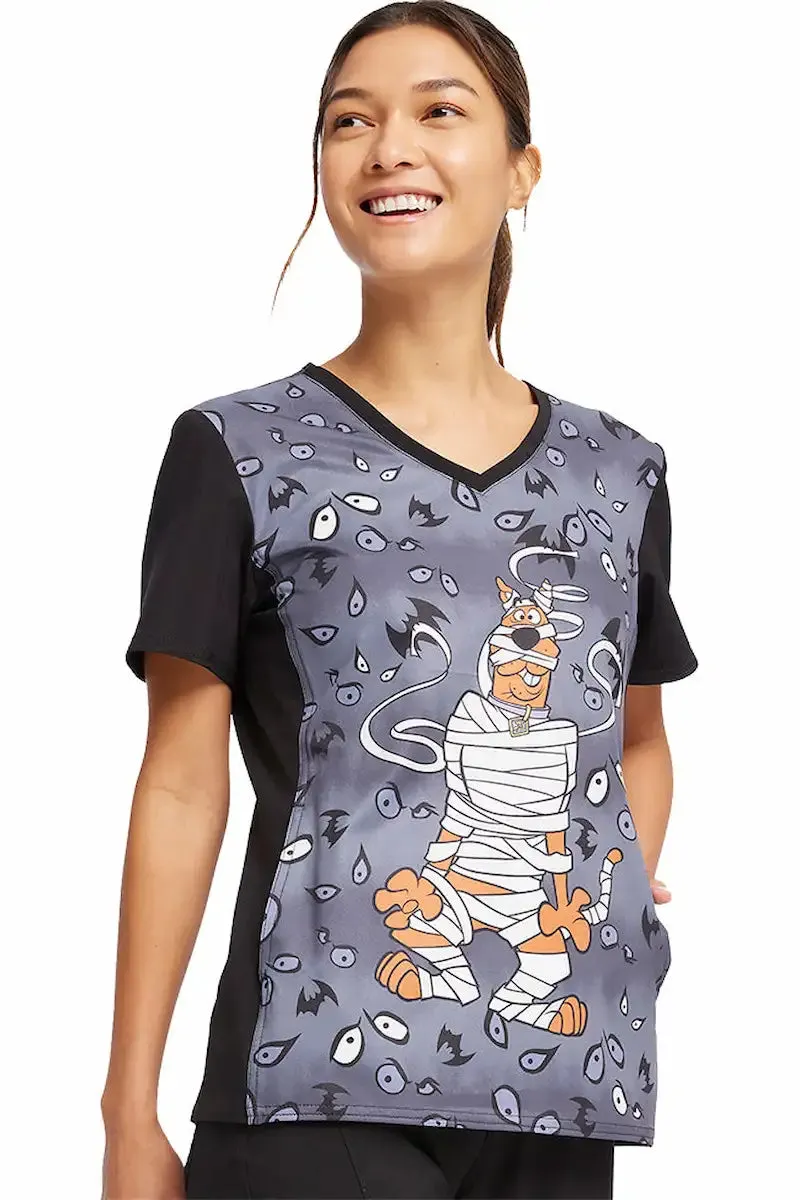 Tooniforms Women's V-Neck Halloween Print Scrub Top | Under Wraps