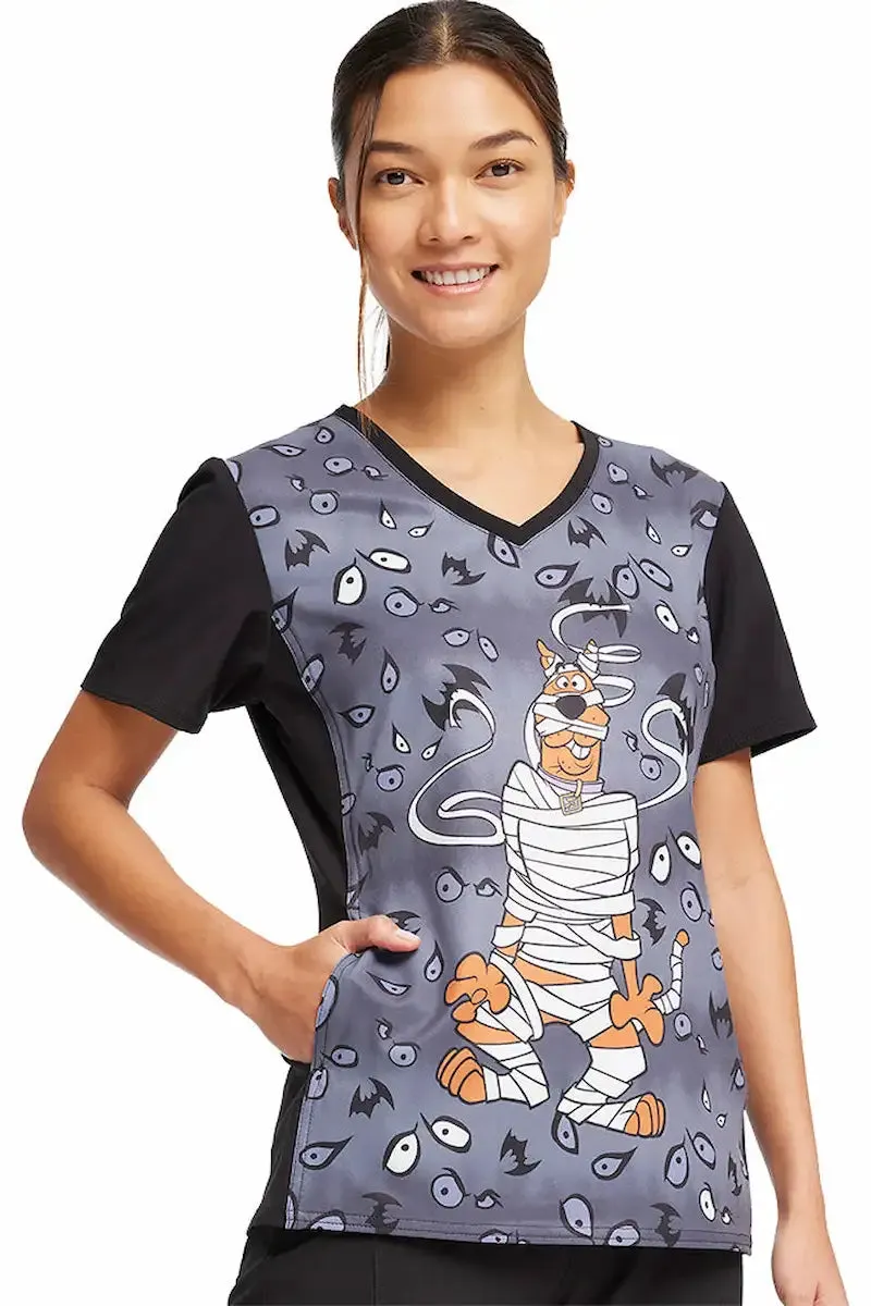 Tooniforms Women's V-Neck Halloween Print Scrub Top | Under Wraps