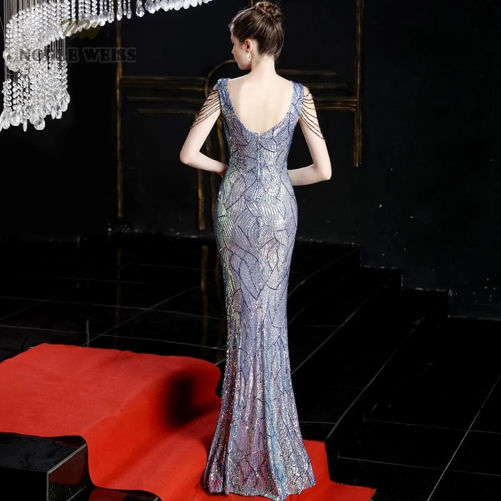 V-Neck Mermaid Evening Dress - Elegant, Floor-Length Formal Gown