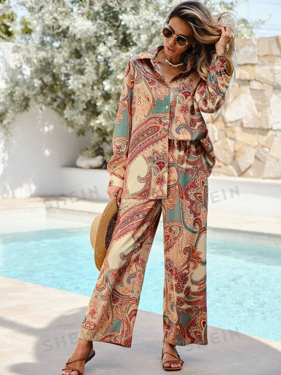 Vcay Women's Print Shirt & Wide Leg Pants Sets