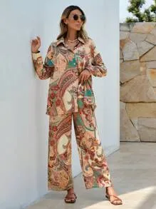 Vcay Women's Print Shirt & Wide Leg Pants Sets