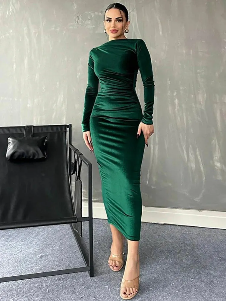 Velvet Long Sleeve Midi Dress - Elegant Party Clothes for Christmas Party