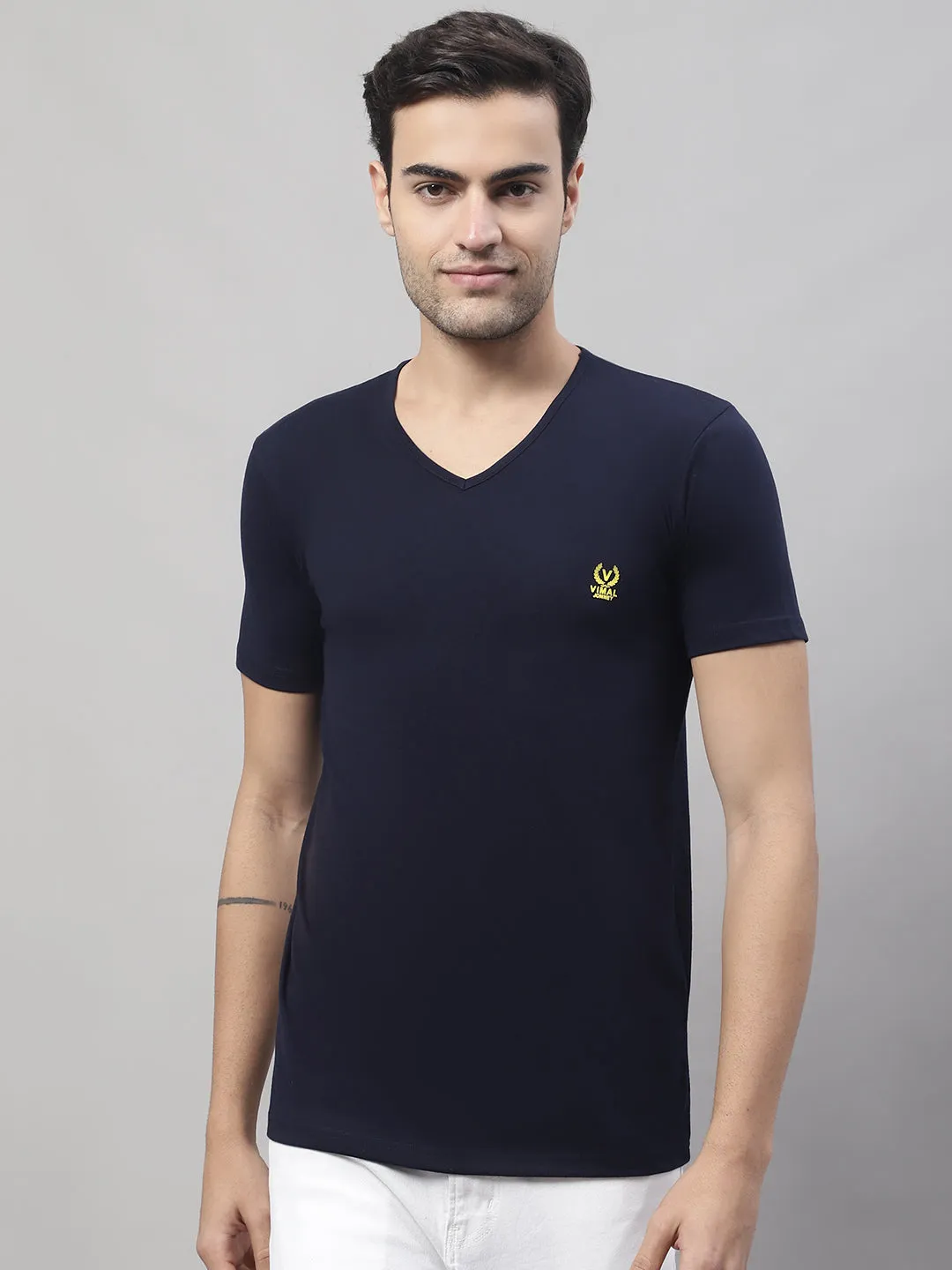 Vimal Jonney V Neck Cotton Solid Navy Blue T-Shirt for Men