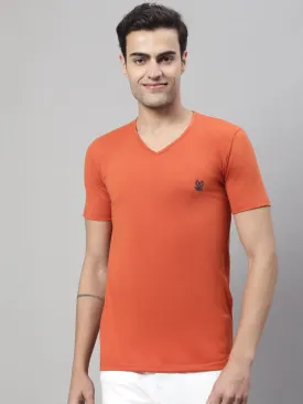 Vimal Jonney V Neck Cotton Solid Rust T-Shirt for Men