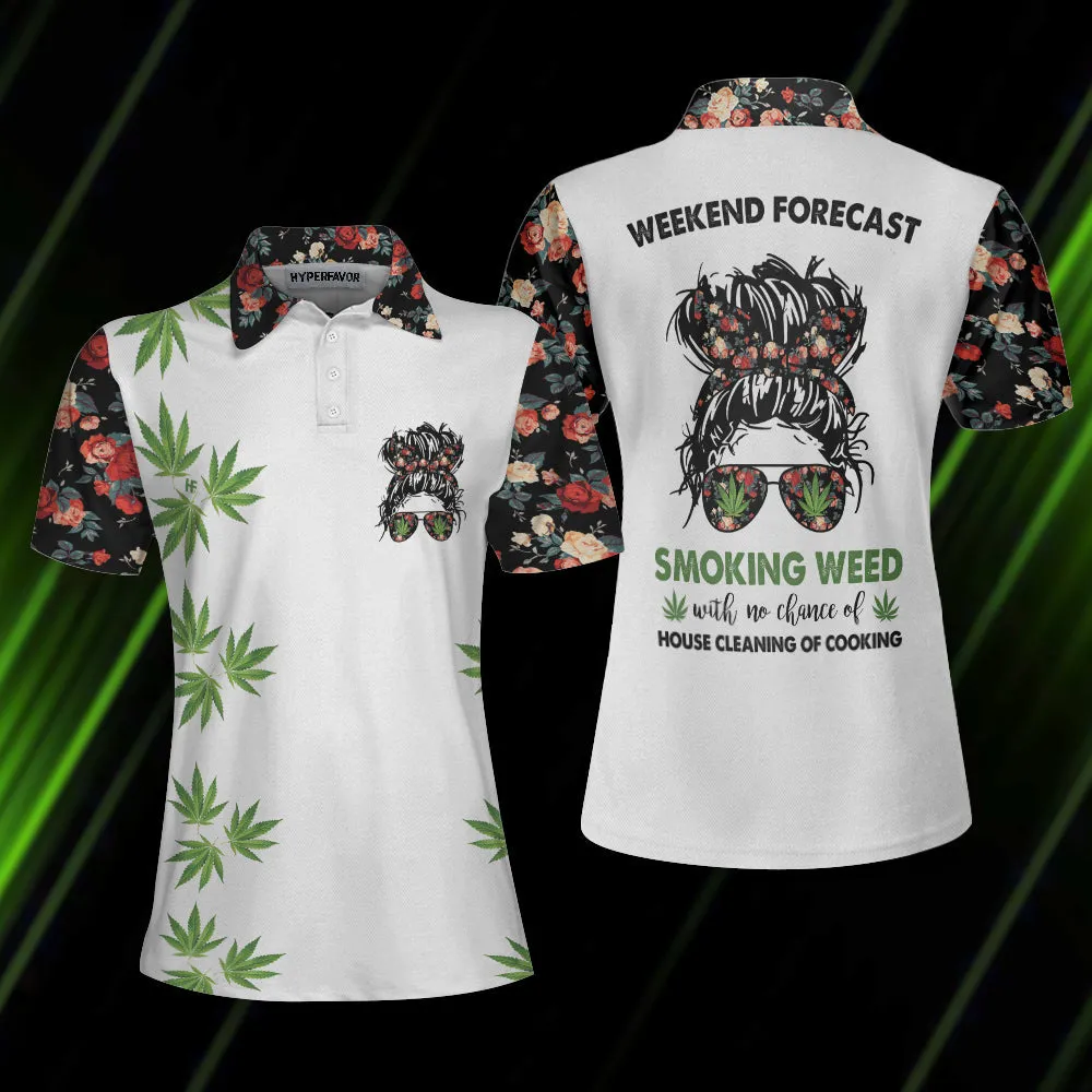 Weekend Forecast Smoking Weed Women Short Sleeve Polo Shirt, Floral And Weed Leaf Graphics Polo Shirt Coolspod