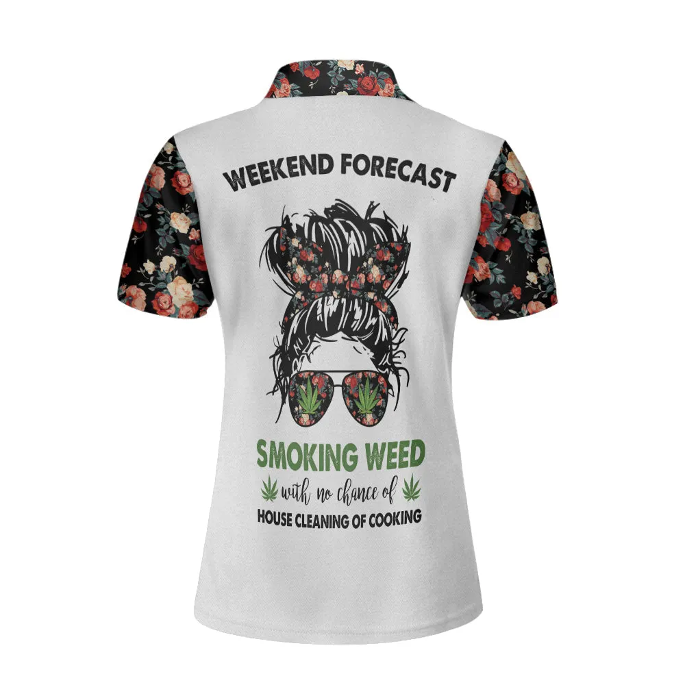 Weekend Forecast Smoking Weed Women Short Sleeve Polo Shirt, Floral And Weed Leaf Graphics Polo Shirt Coolspod