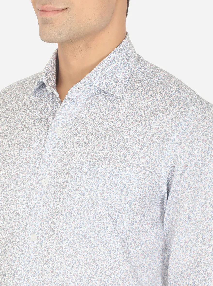 White & Sky Blue Printed Slim Fit Formal Shirt | Metal