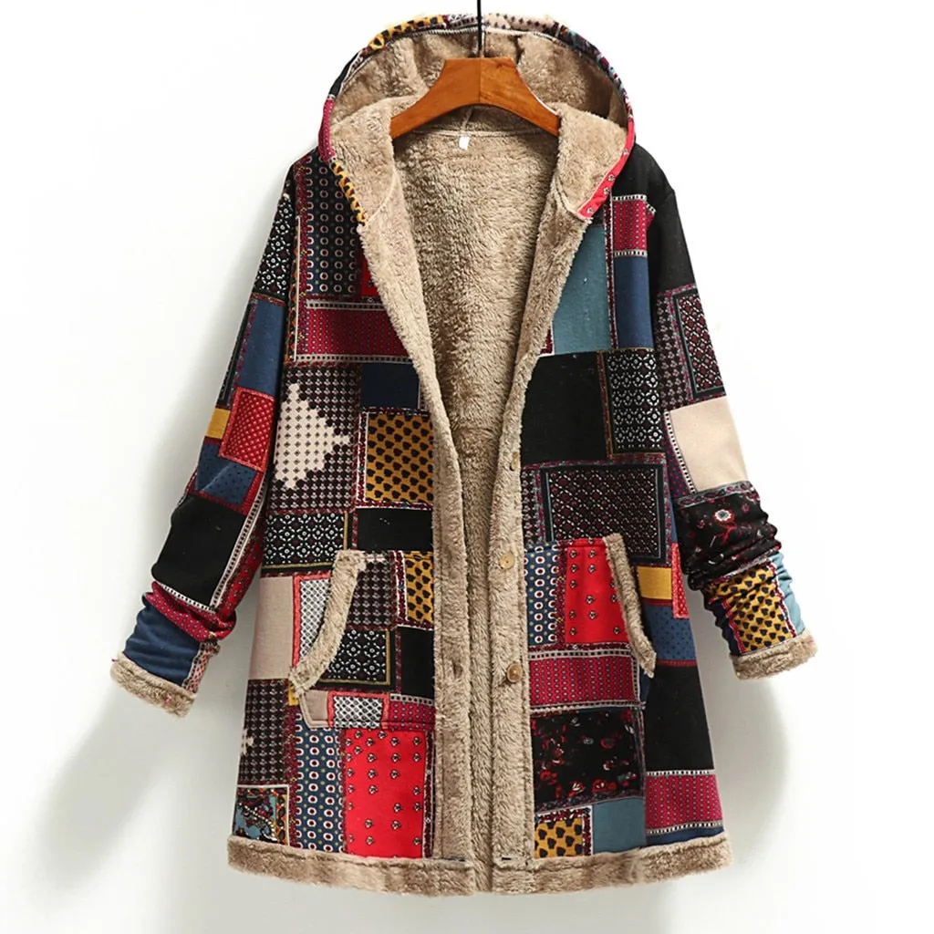 Winter Jackets Women Warm Coat Outwear Hooded Print With Pockets