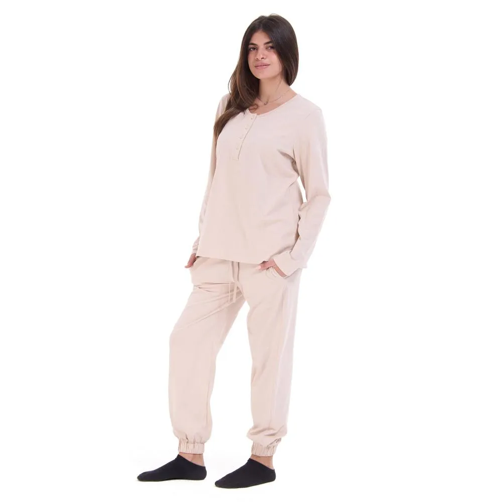 Women Fall Pajama Set Cream buttoned sweatshirt   pants