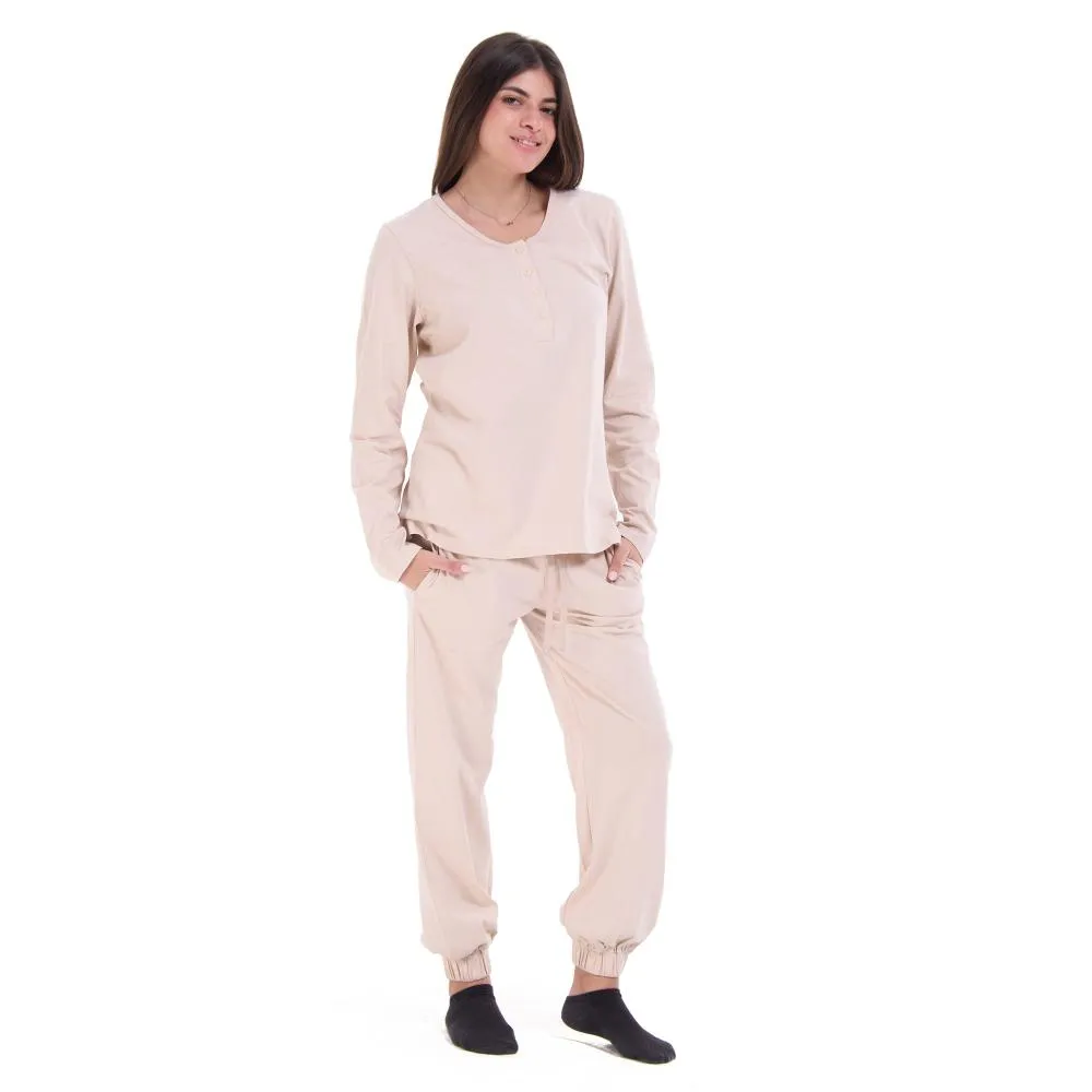 Women Fall Pajama Set Cream buttoned sweatshirt   pants