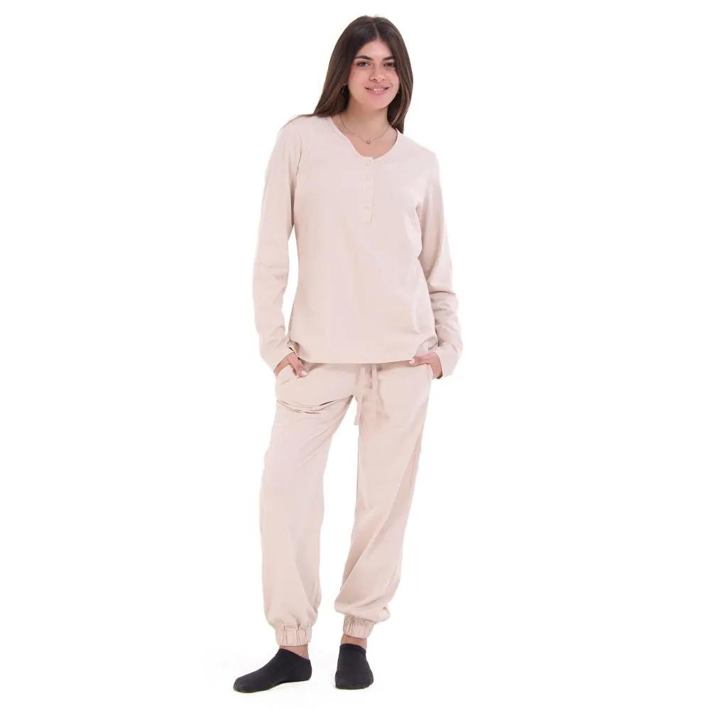 Women Fall Pajama Set Cream buttoned sweatshirt   pants