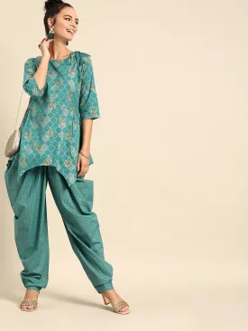 Women Firozi Three-Quarter Sleeves Asymmetric Peplum Kurta With Dhoti Pants