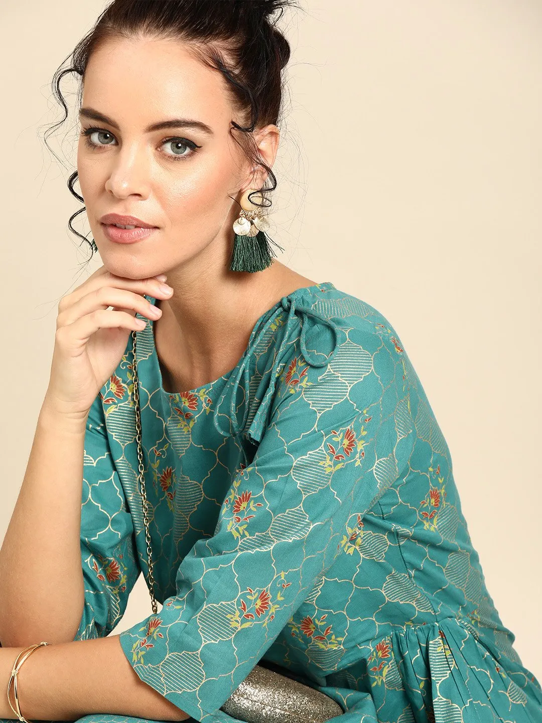 Women Firozi Three-Quarter Sleeves Asymmetric Peplum Kurta With Dhoti Pants