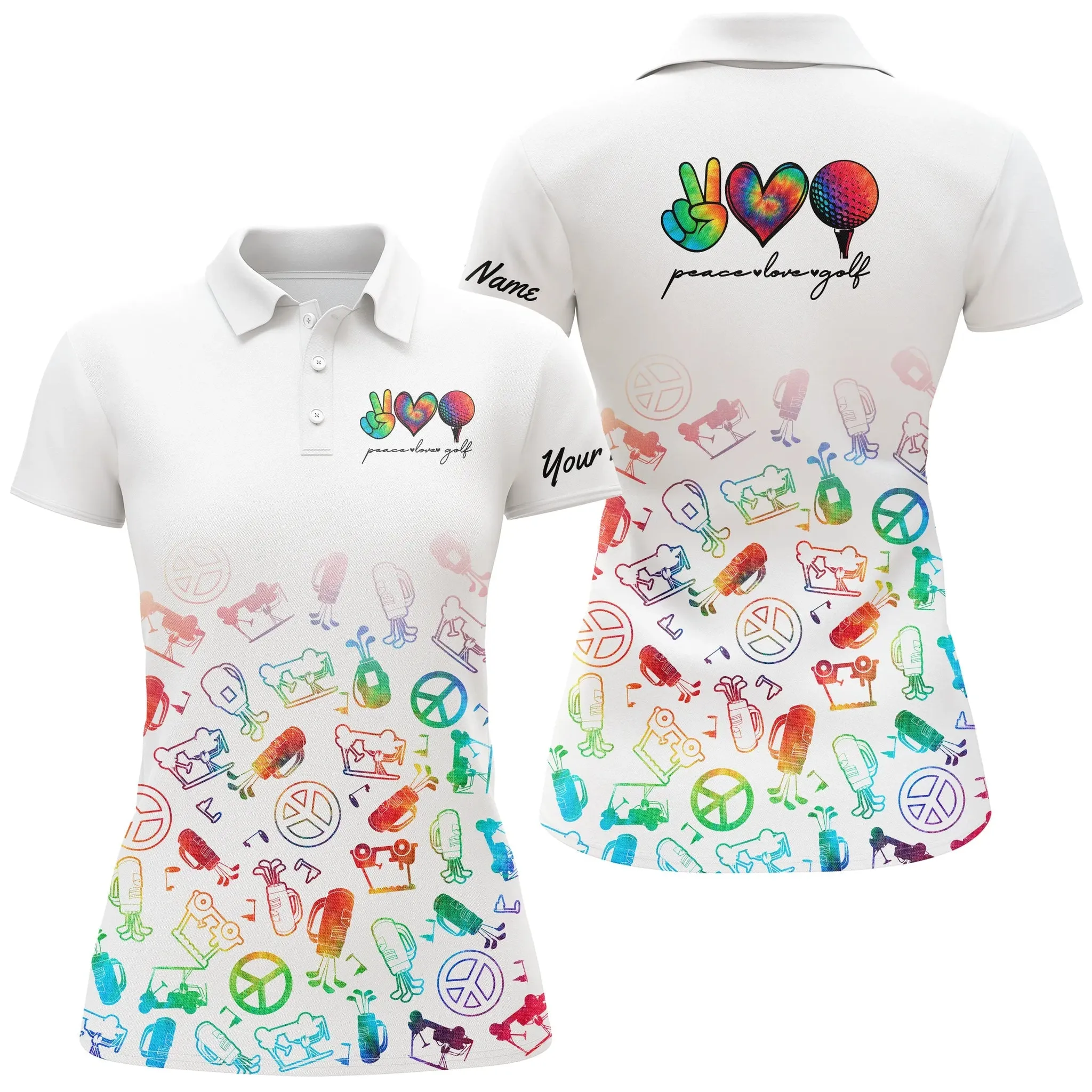 Women Golf Polo Shirts Custom Name Watercolor Peace Love Golf, Personalized Golf Shirt For Women