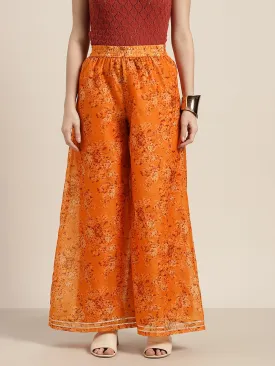 Women Mustard Floral A Line Pants