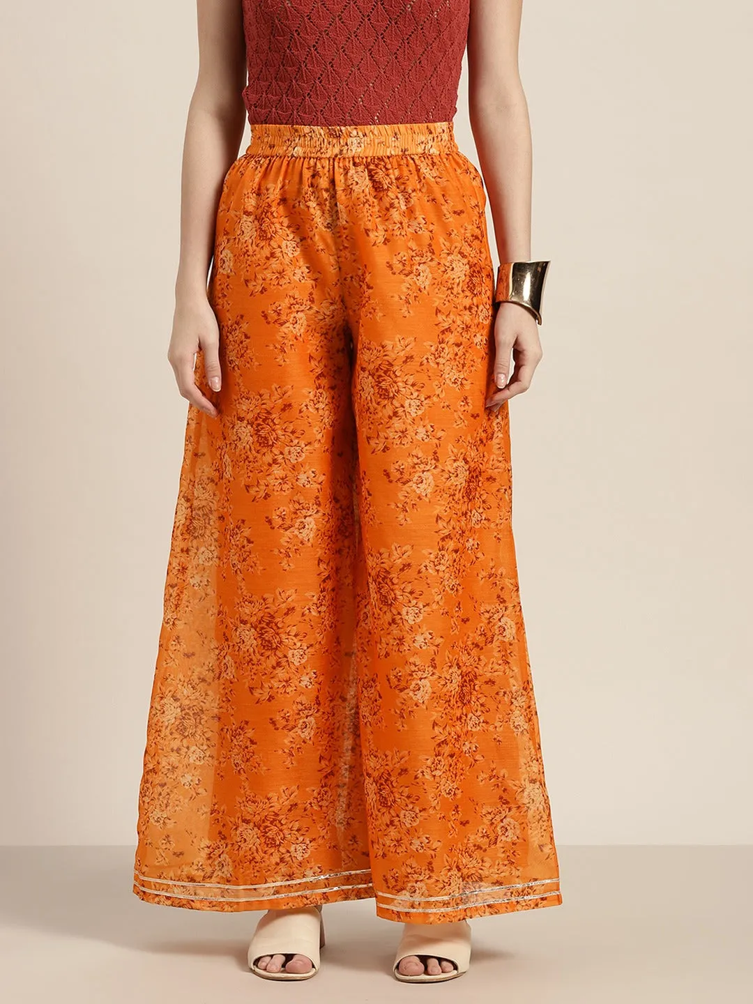 Women Mustard Floral A Line Pants