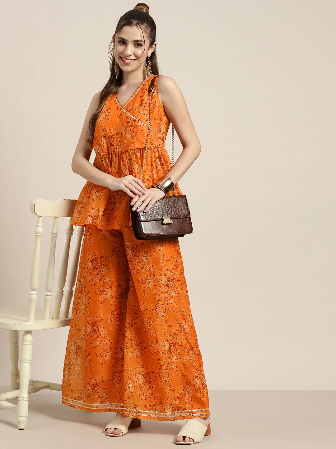 Women Mustard Floral A Line Pants