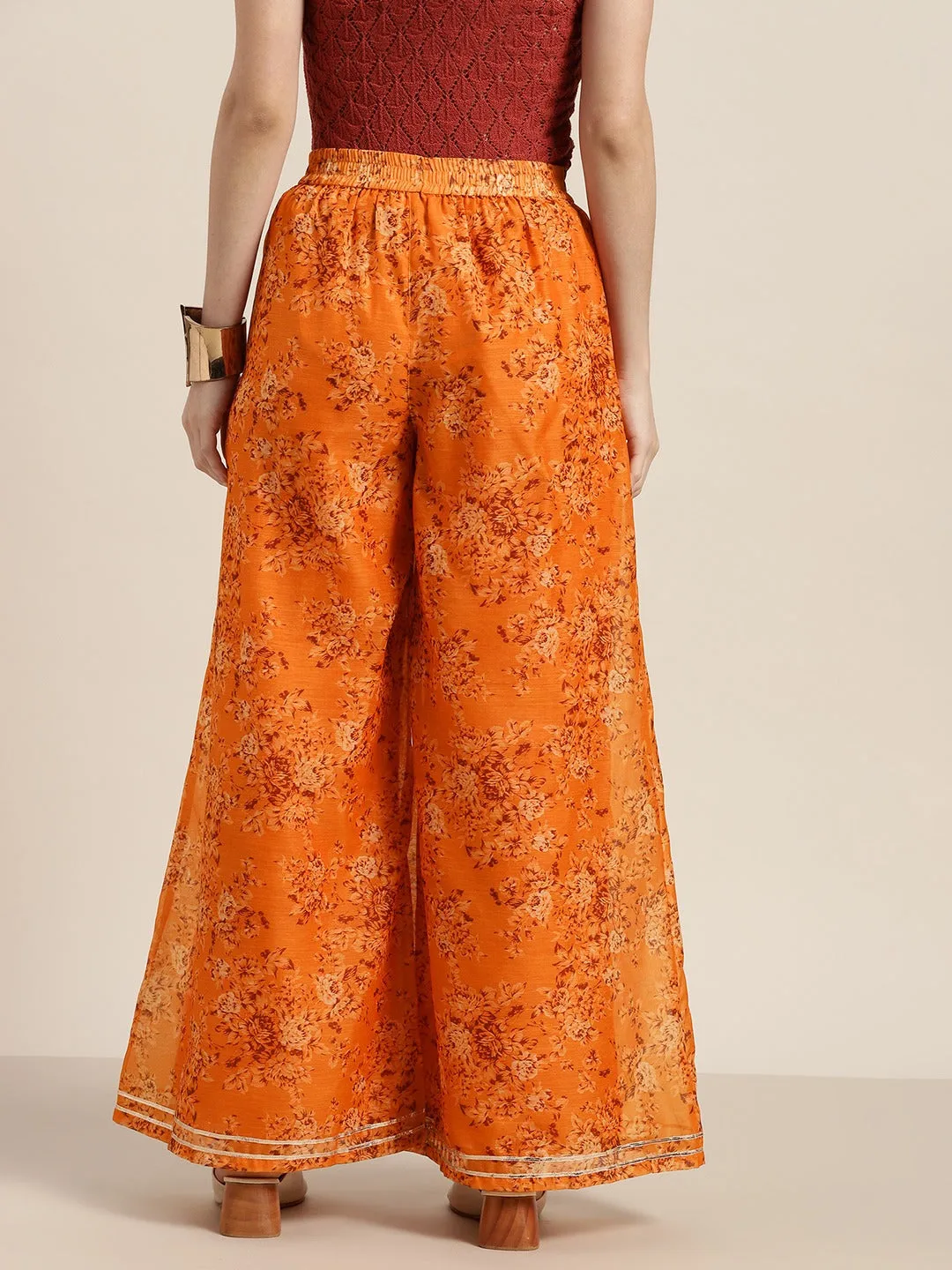 Women Mustard Floral A Line Pants