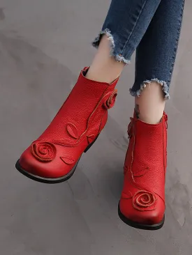 Women Retro Flower Leather Solid Mid-Heel Boots