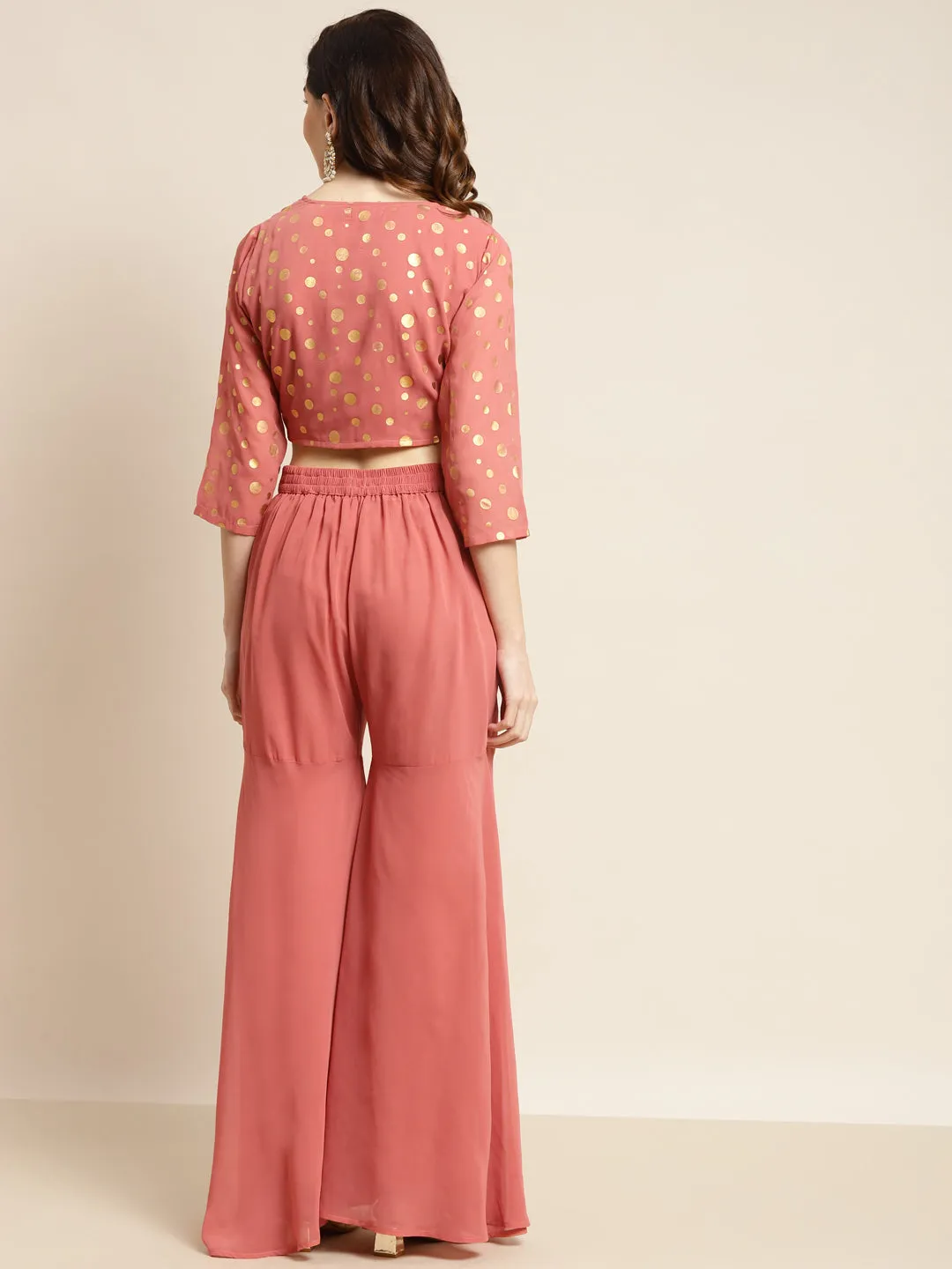 Women Rust Foil Print Crop Top With Sharara Pants