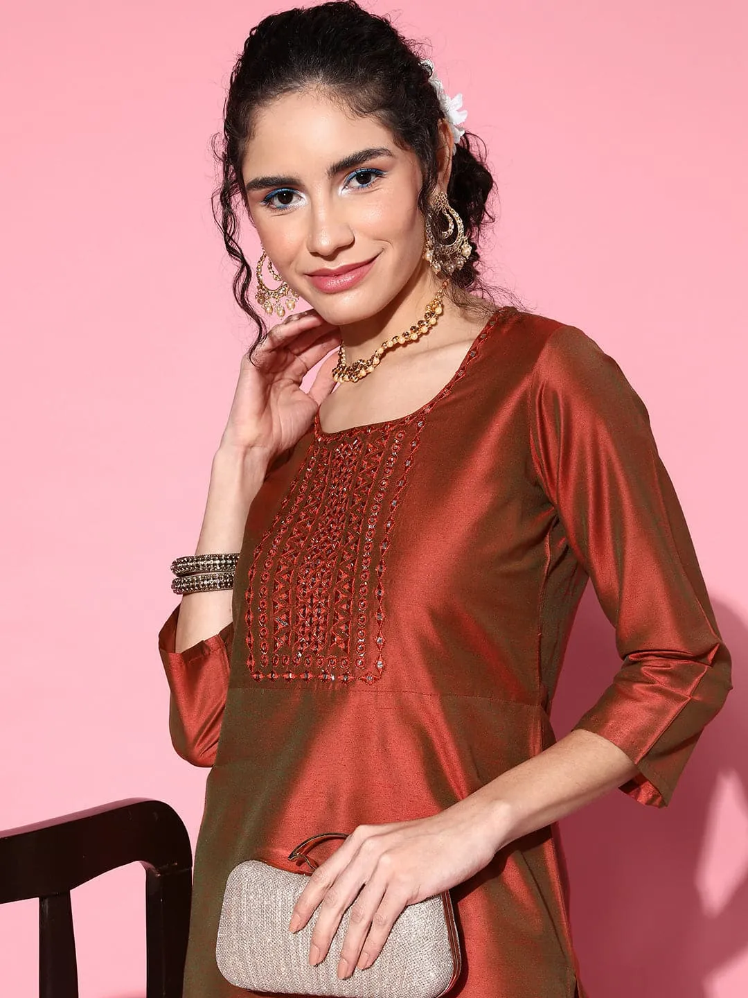 Women Rust Mirror Embroidered Kurta With Pants