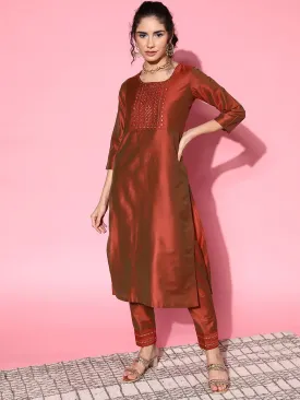 Women Rust Mirror Embroidered Kurta With Pants