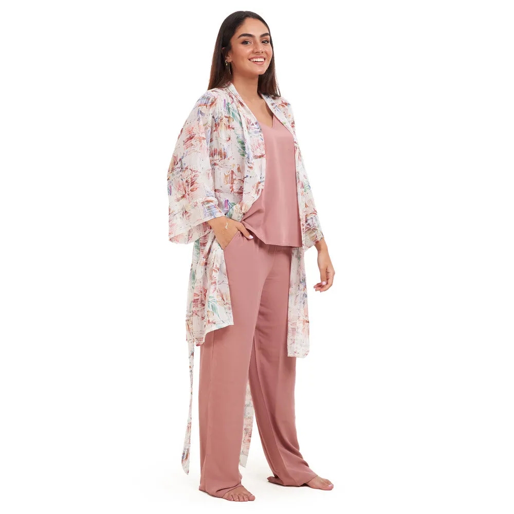 Women summer 3 piece pajama set Abstract Desert watercolors kimono   Cashmere top & Pants