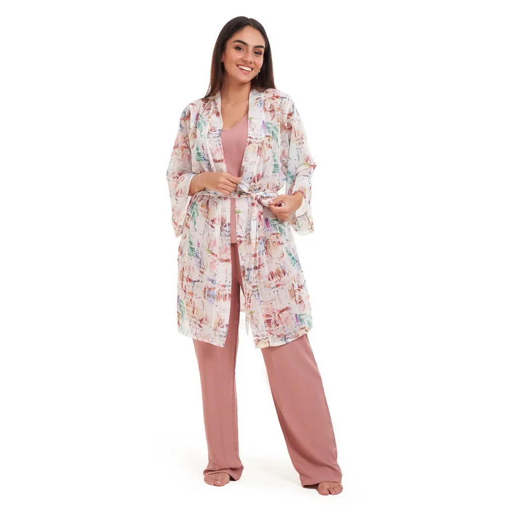 Women summer 3 piece pajama set Abstract Desert watercolors kimono   Cashmere top & Pants