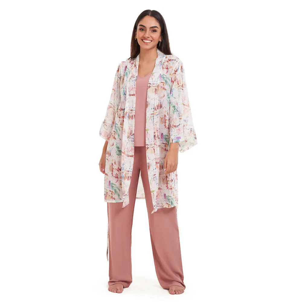 Women summer 3 piece pajama set Abstract Desert watercolors kimono   Cashmere top & Pants