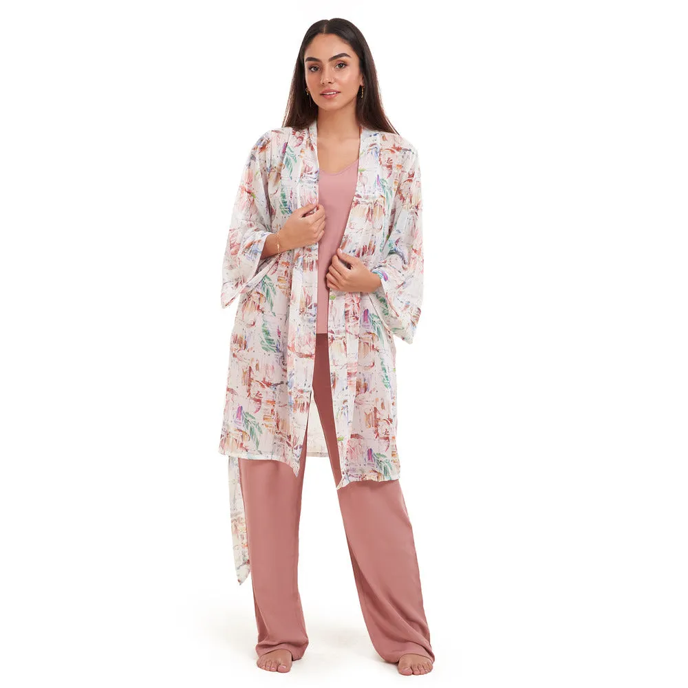 Women summer 3 piece pajama set Abstract Desert watercolors kimono   Cashmere top & Pants