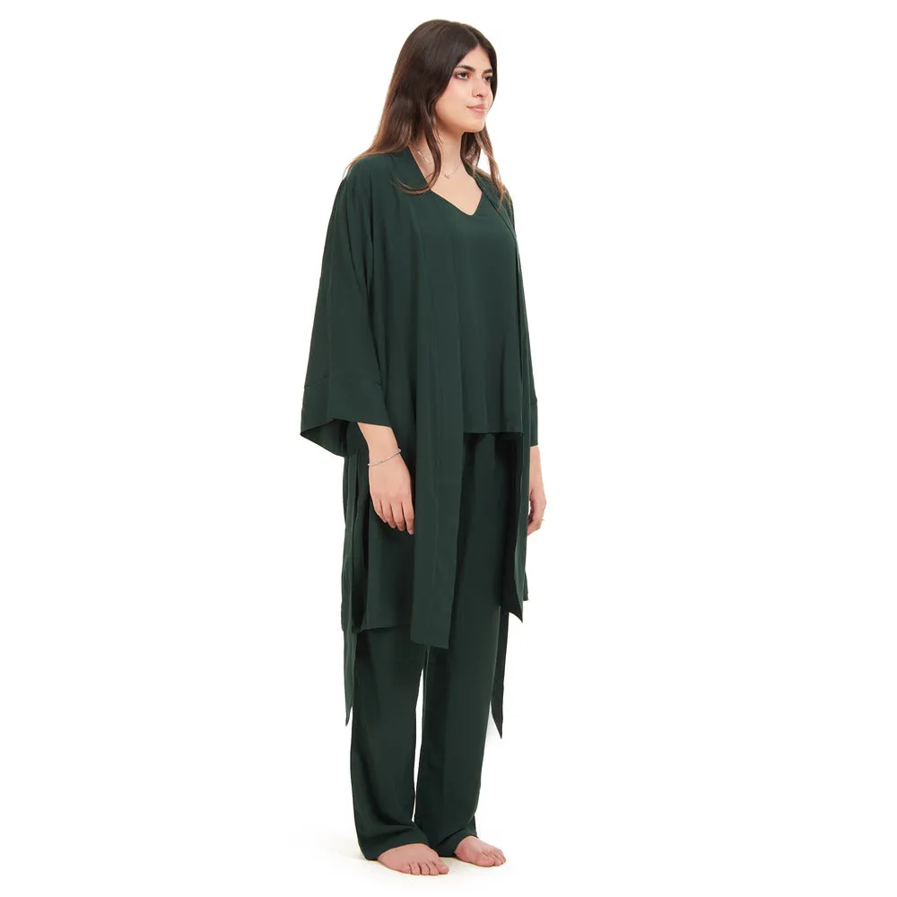 Women summer 3 piece pajama set  Dark Green Top   Dark Green kimono & Pants