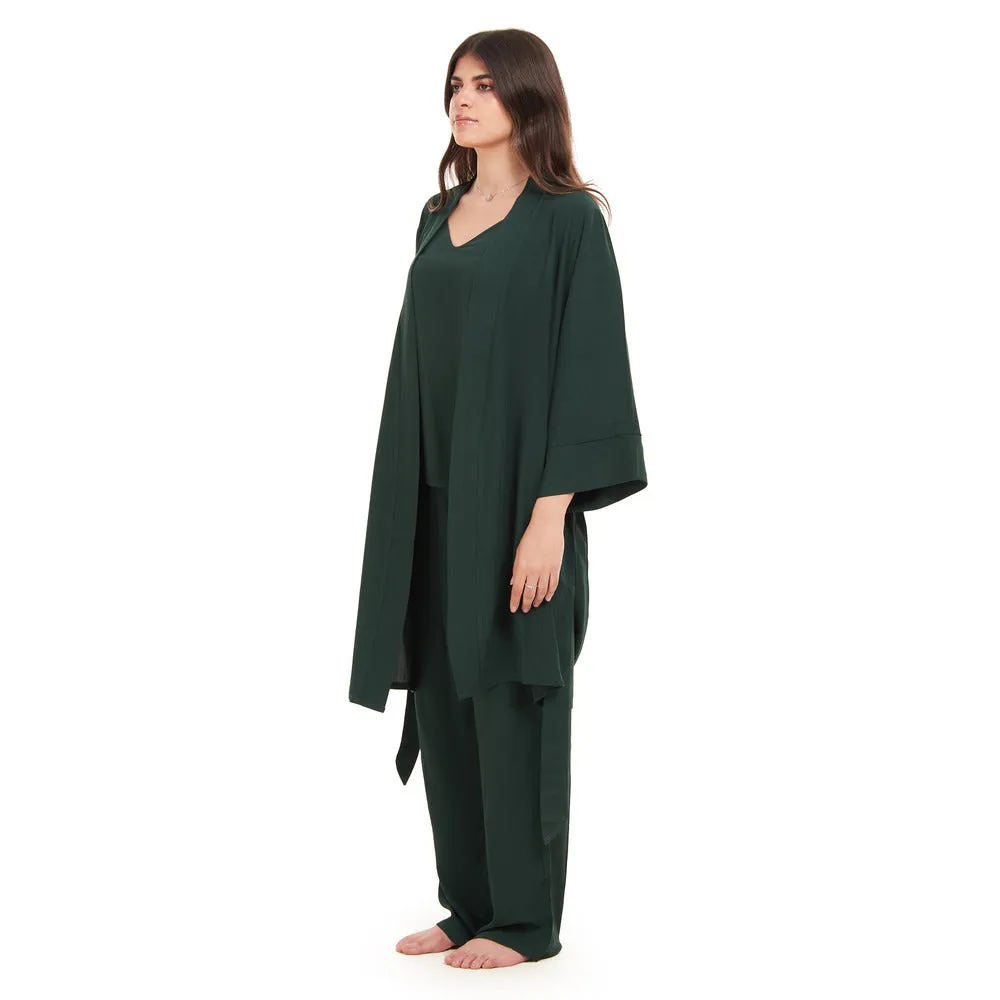 Women summer 3 piece pajama set  Dark Green Top   Dark Green kimono & Pants