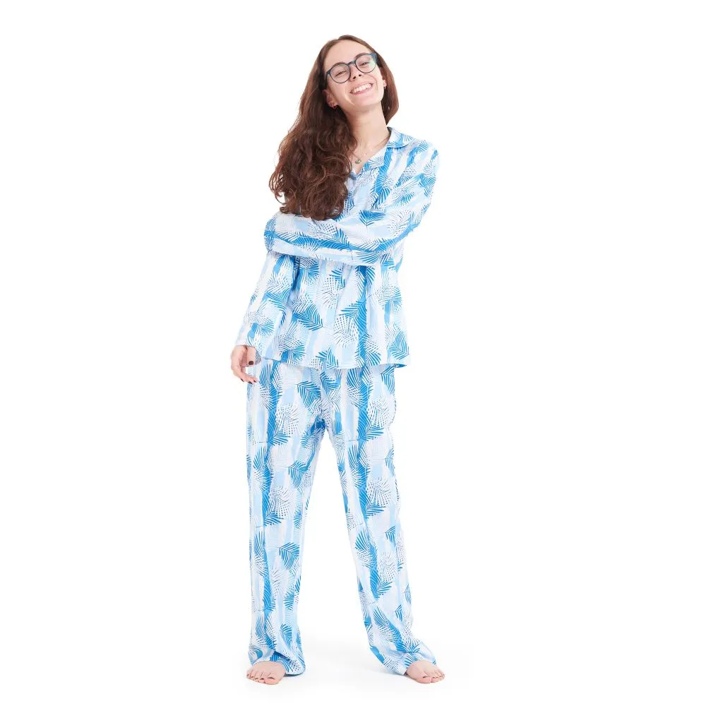 Women summer pajama set Baby Blue Leaves buttoned shirt   Pants