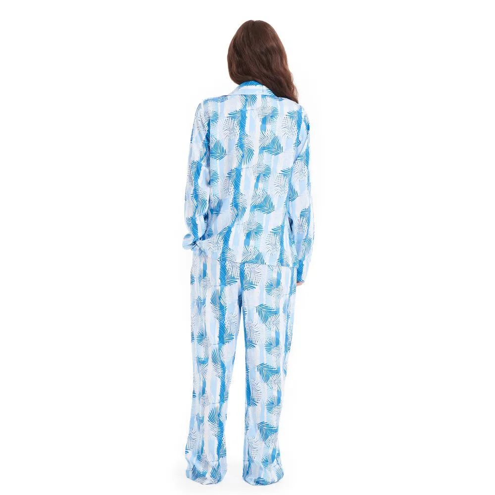 Women summer pajama set Baby Blue Leaves buttoned shirt   Pants