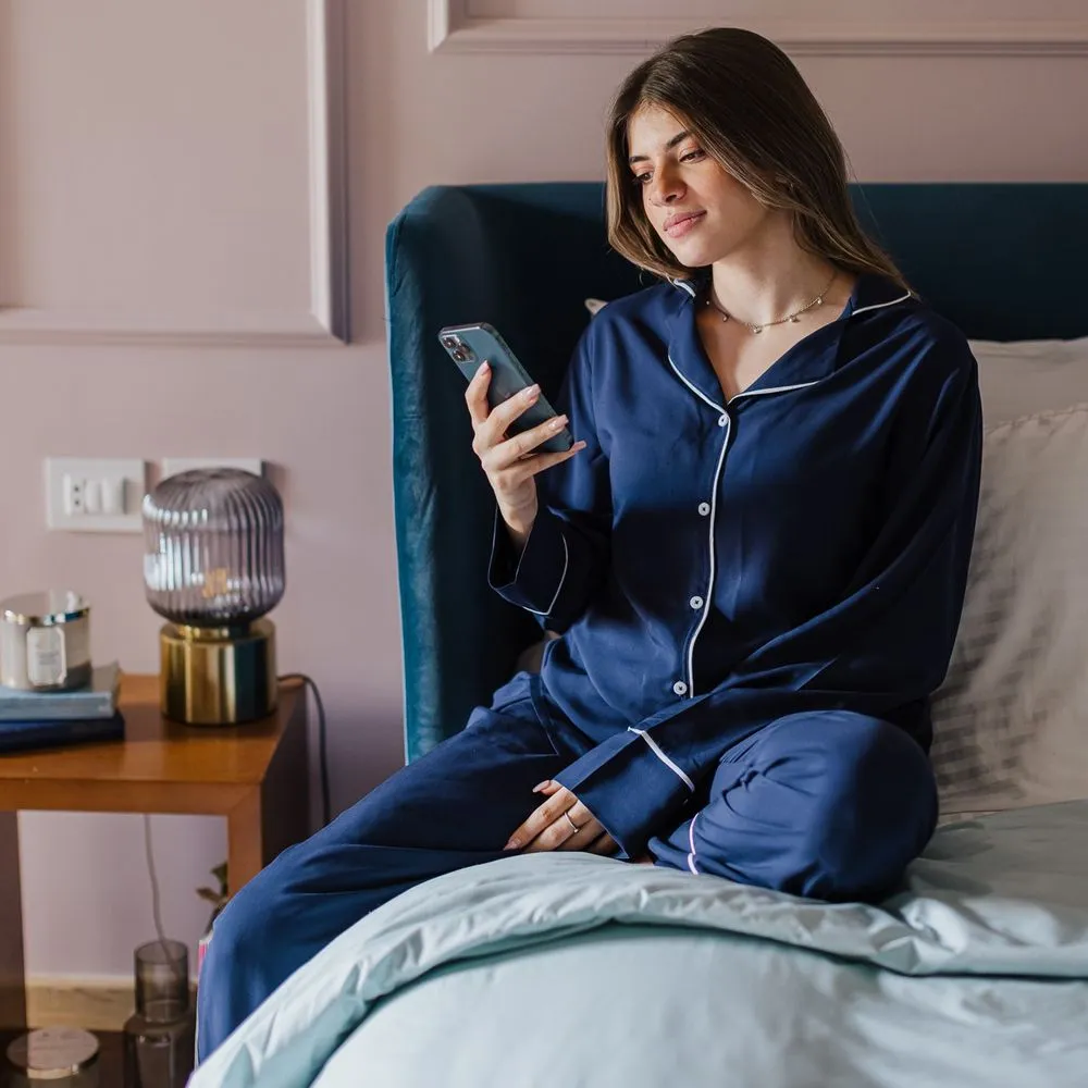 Women summer pajama set Dark blue buttoned shirt   Pants