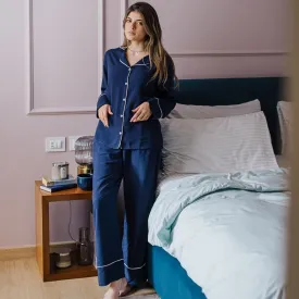 Women summer pajama set Dark blue buttoned shirt   Pants