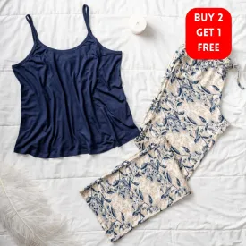 Women summer pajama set Dark blue Top  Dark Blue Leaves pants