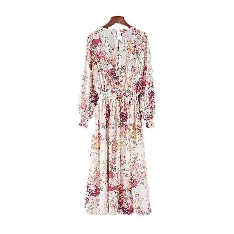 women sweet floral chiffon dress two pieces set elastic waist long sleeve ladies casual mid calf dresses vestidos QZ3049 (US 6-16)